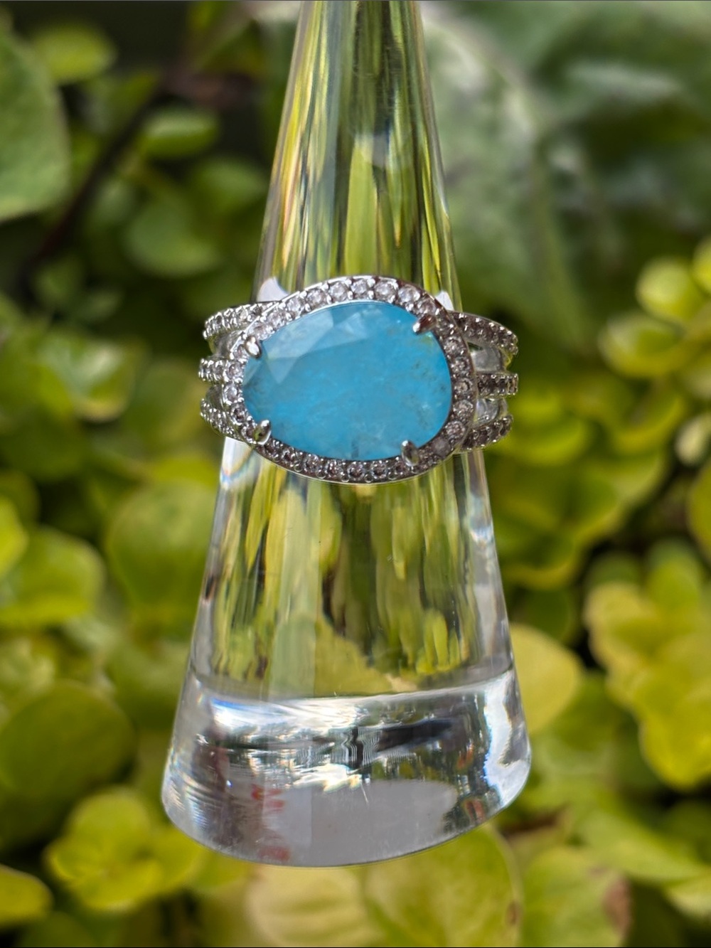 Turquoise Teardrop Ring with Pavé Halo - Blue